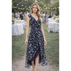 BB Dakota RSVP Womens Dress Size Small Kelli Ruffle Wrap Blue Maxi Floral